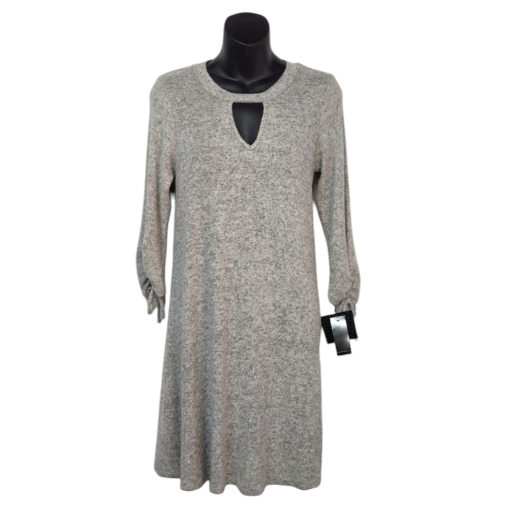 IZ Byer Dress Women's Gray Sweater Dress Cutout Neck Ruch Cuff Size M NWT